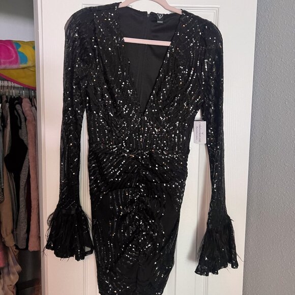 BLACK SPARKLE DRESS WITH FEATHER SLEEVE - Picture 1 of 7